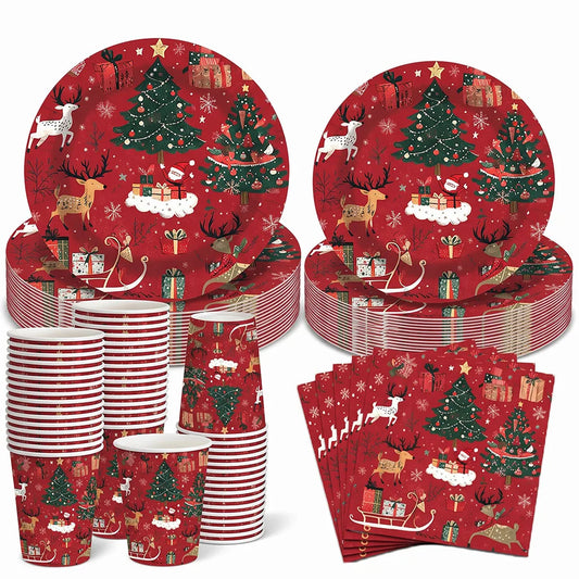 Christmas Reindeer and Trees Disposable Tableware Set, Plates, Cups, Straws, Napkins