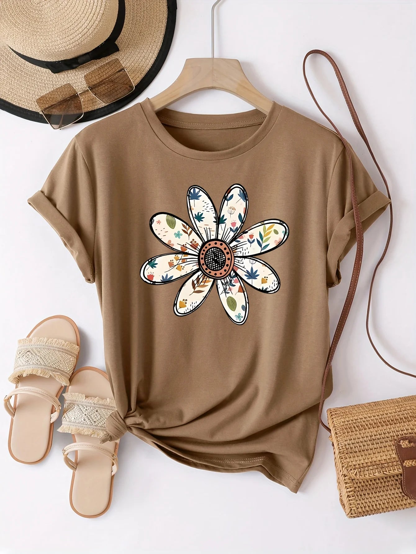 Boho Daisy Sizes to 3XL Women's Tee-shirt, Casual Navy Blue short sleeve Top