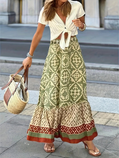 Sizes to 5XL Boho Yellow and Green Irregular Design, Elastic Waist