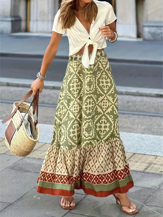 Sizes to 5XL Boho Yellow and Green Irregular Design, Elastic Waist