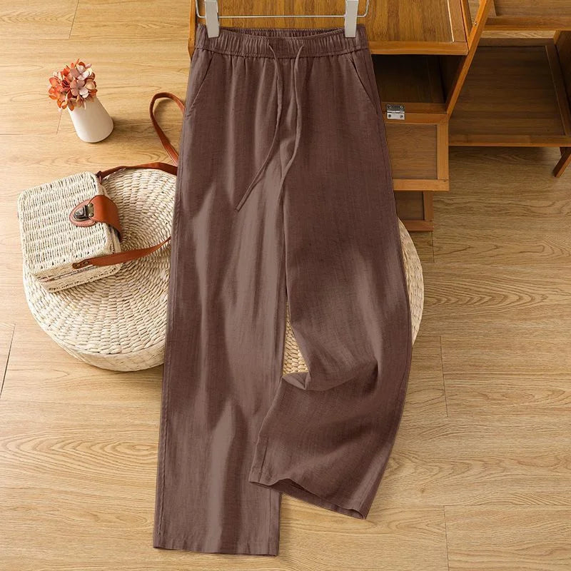 Up to 4XL in Navy, Wheat, White, and Black Wide Leg Pants.  Cotton with Elastic and Tie Waist.