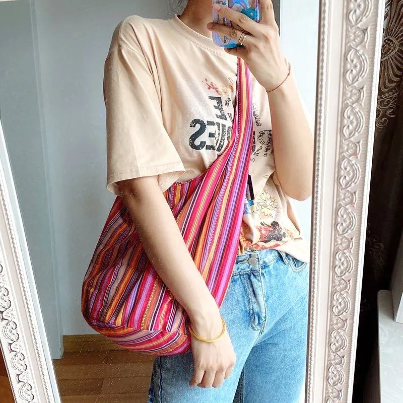 Bohemian Canvas Shoulder Crossbody Bag, Large Capacity, Ethnic Style Tote Bag
