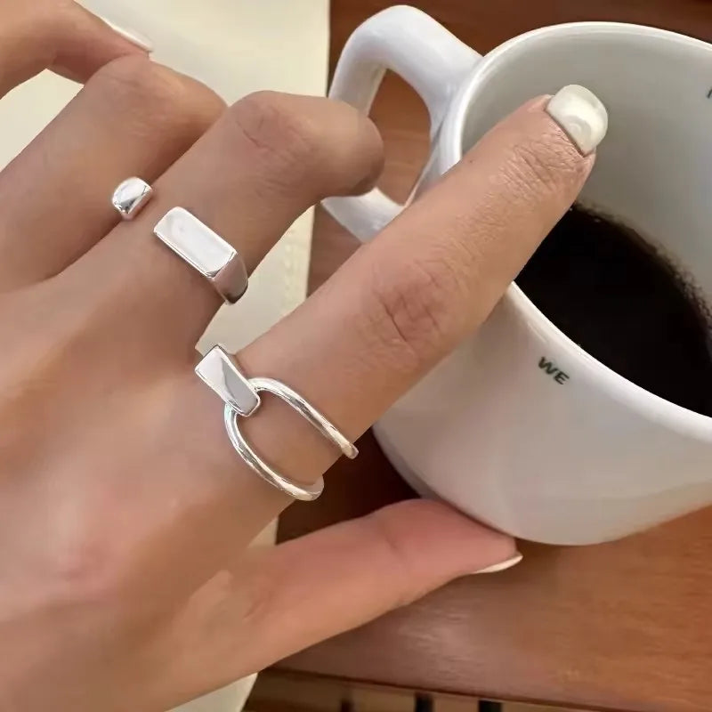 Sterling Silver Rings INS Fashion Vintage Hollow Lines  Adjustable  Jewelry