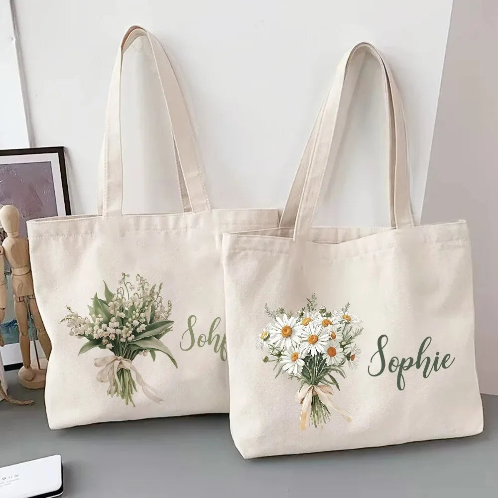 Personalized Shoulder Bag Birth Month Flower and Name Tote Bag, Monogrammed Canvas Bags