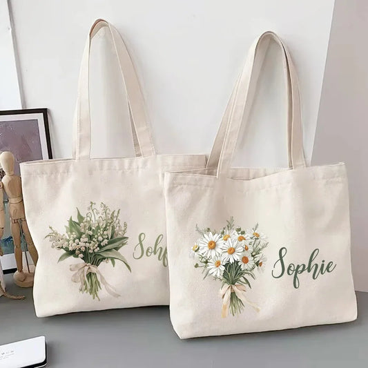 Personalized Shoulder Bag Birth Month Flower and Name Tote Bag, Monogrammed Canvas Bags