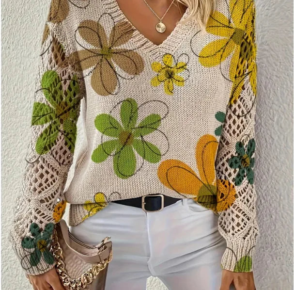 Boho Floral Print V Neck Crocheted Long Sleeved Sweater with Hollowed Out Knit Sleeves in 12 Different Designs