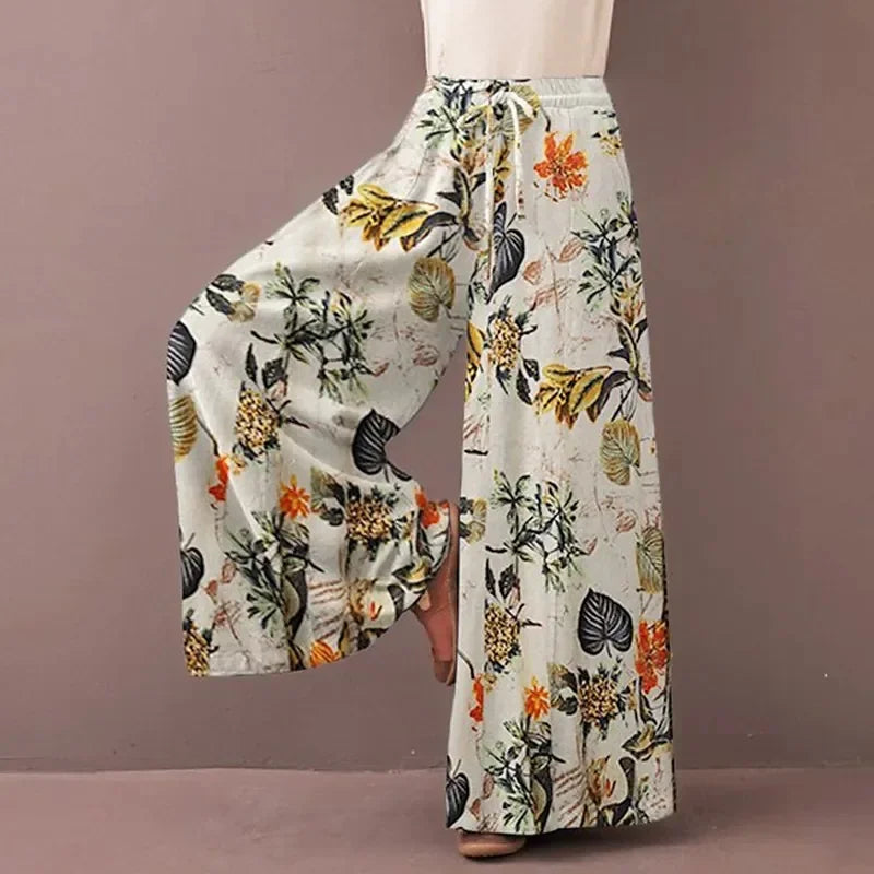 Sizes to 3XL Boho Floral Print Wide Leg Pants Casual Loose Elastic Waist  and Drawstring