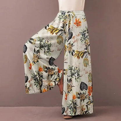 Sizes to 3XL Boho Floral Print Wide Leg Pants Casual Loose Elastic Waist  and Drawstring