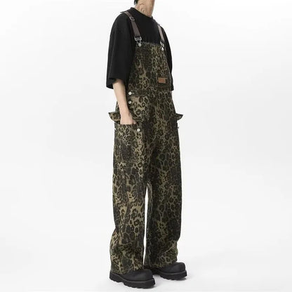 Sizes to 3XL Retro Leopard Print Workwear Overalls Jumpsuit Large Pocket Straight Wide Leg Denim Pant