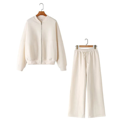 Warm 2 Piece Sweatsuits, Thick Fleece, Zipper Jacket, Batwing Sleeves, Clean Lines