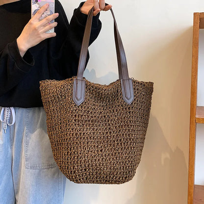Handmade Rattan Woven Shoulder Bags Large Capacity Boho Straw Bag