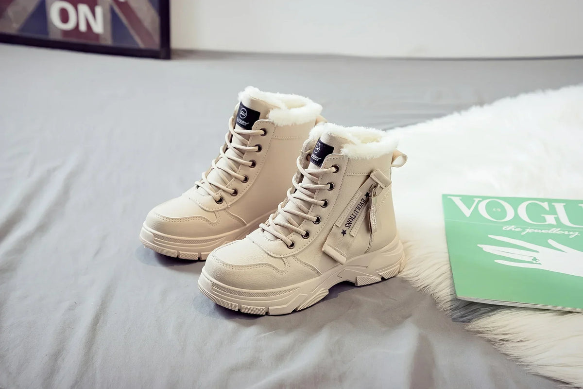 Short Snow Boots, Anti‑Slip, Warm Fur Lined, Lace-Up Casual Ankle Boots, Come in Black, White, Tan