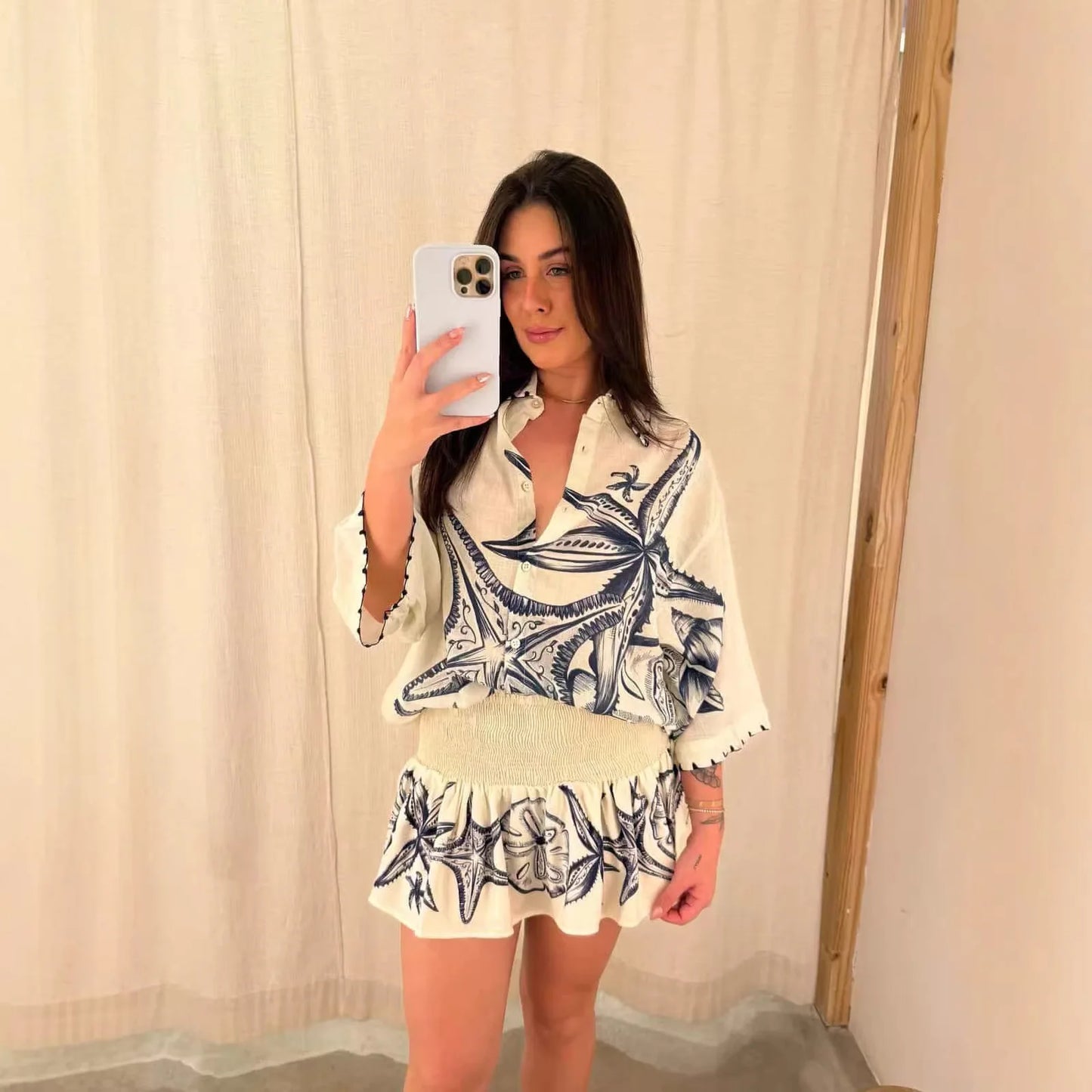 2 Piece Linen Casual Shirt and Short Skort Casual or Beach Wear