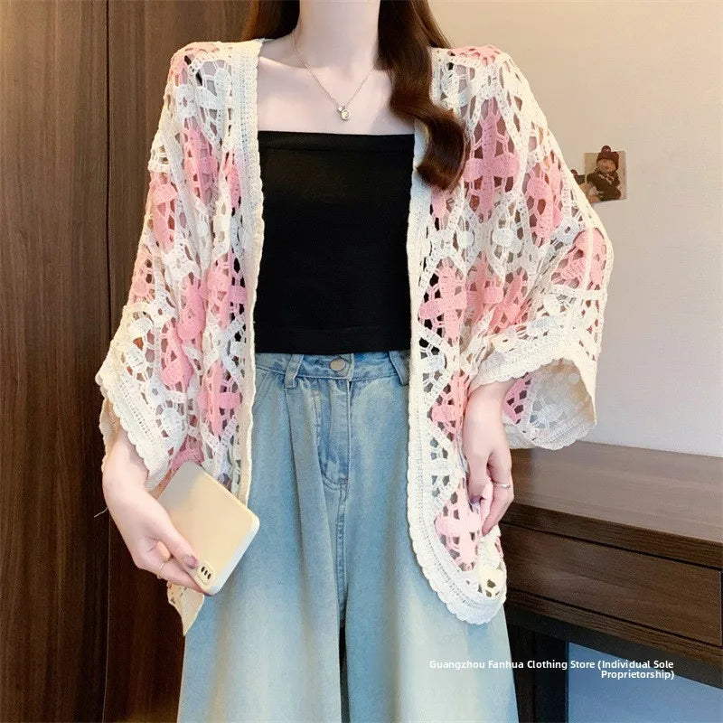 Bohemian Style Hollowed-out Long Sleeve Light Weight Sweater with V Neck and Batwing Sleeves
