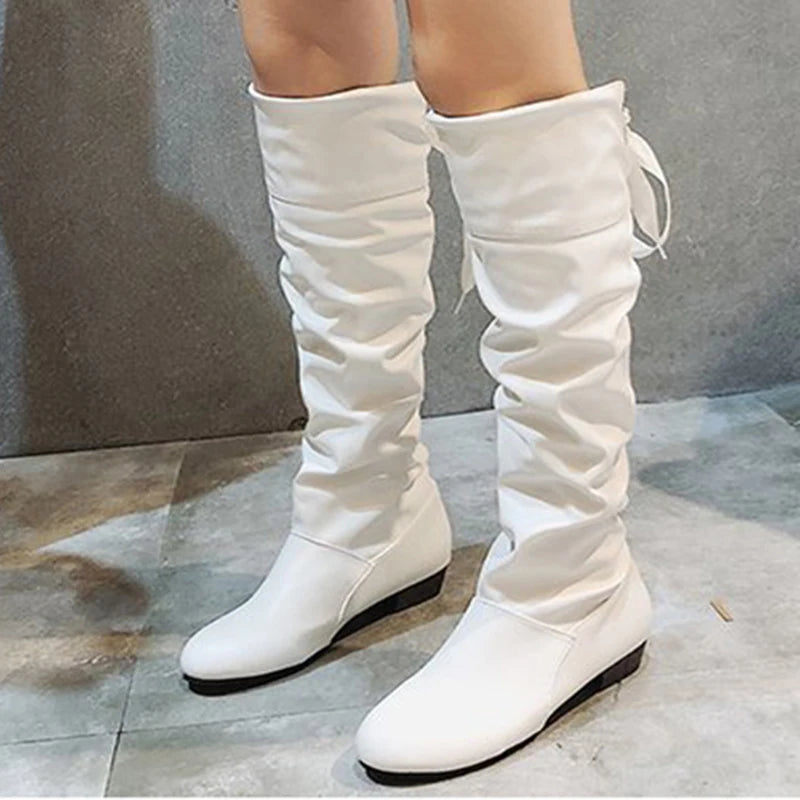 Knee High Boots, in Red, Black, and White, Tall Boots with Low Heel