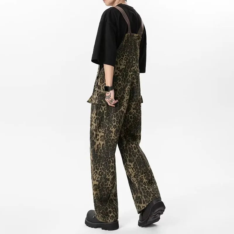 Sizes to 3XL Retro Leopard Print Workwear Overalls Jumpsuit Large Pocket Straight Wide Leg Denim Pant