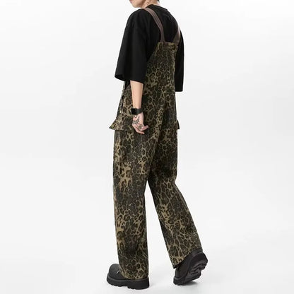 Sizes to 3XL Retro Leopard Print Workwear Overalls Jumpsuit Large Pocket Straight Wide Leg Denim Pant