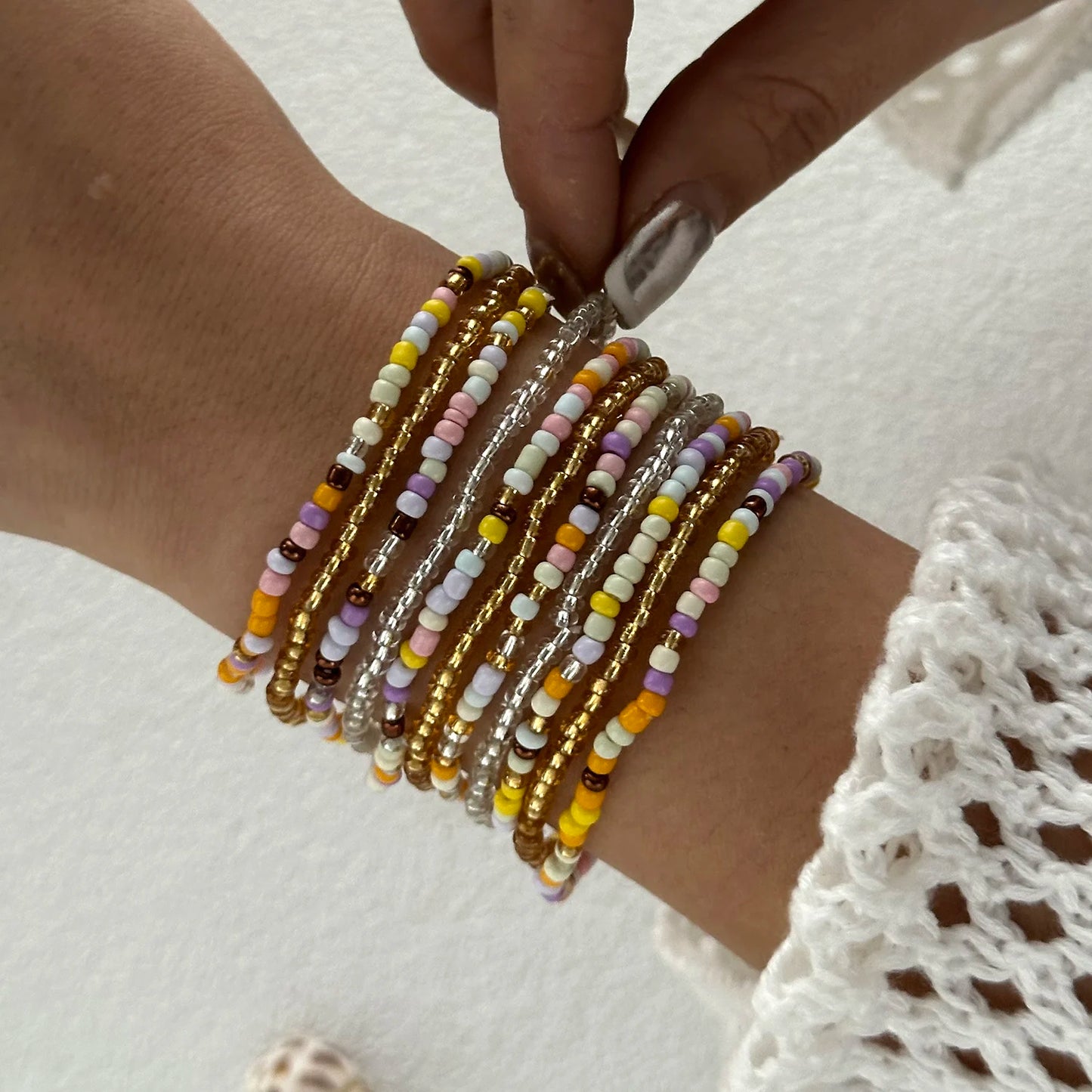 Bohemian Style Beaded Bracelets Set, Colorful Beads, Stretchy Strand Chain, Stacked Bracelets