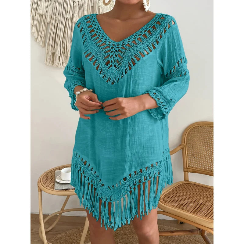 Sizes to 4XL Boho Bamboo cotton long-sleeved crochet dress with tassel decoration,