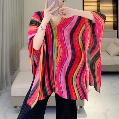 Pleated Striped Shawl, Fashionable Striped, Casual Outerwear, Versatile, Bat Sleeve Cape