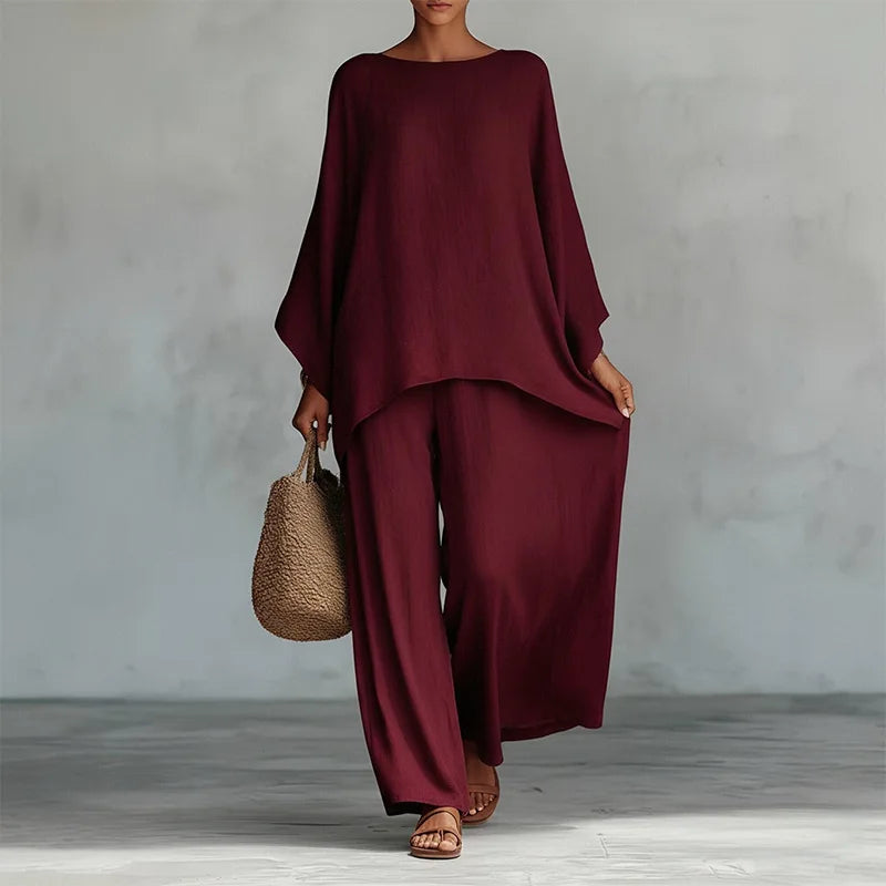 Retro Loose Linen, Long-Sleeved, Extra-Wide Legged Pantsuit, Angled Hem on Top Hem and Sleeves. Comes in Wine Red, White, Grey, Black, and Khaki