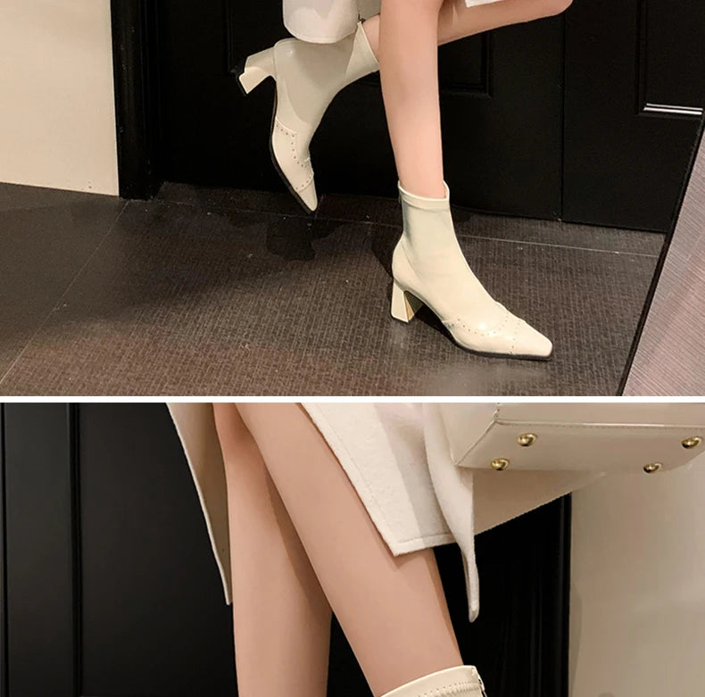 Rivetted Boots with Square Toes and Chunky Heels. Over the Ankle Stretch Tops