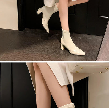 Rivetted Boots with Square Toes and Chunky Heels. Over the Ankle Stretch Tops