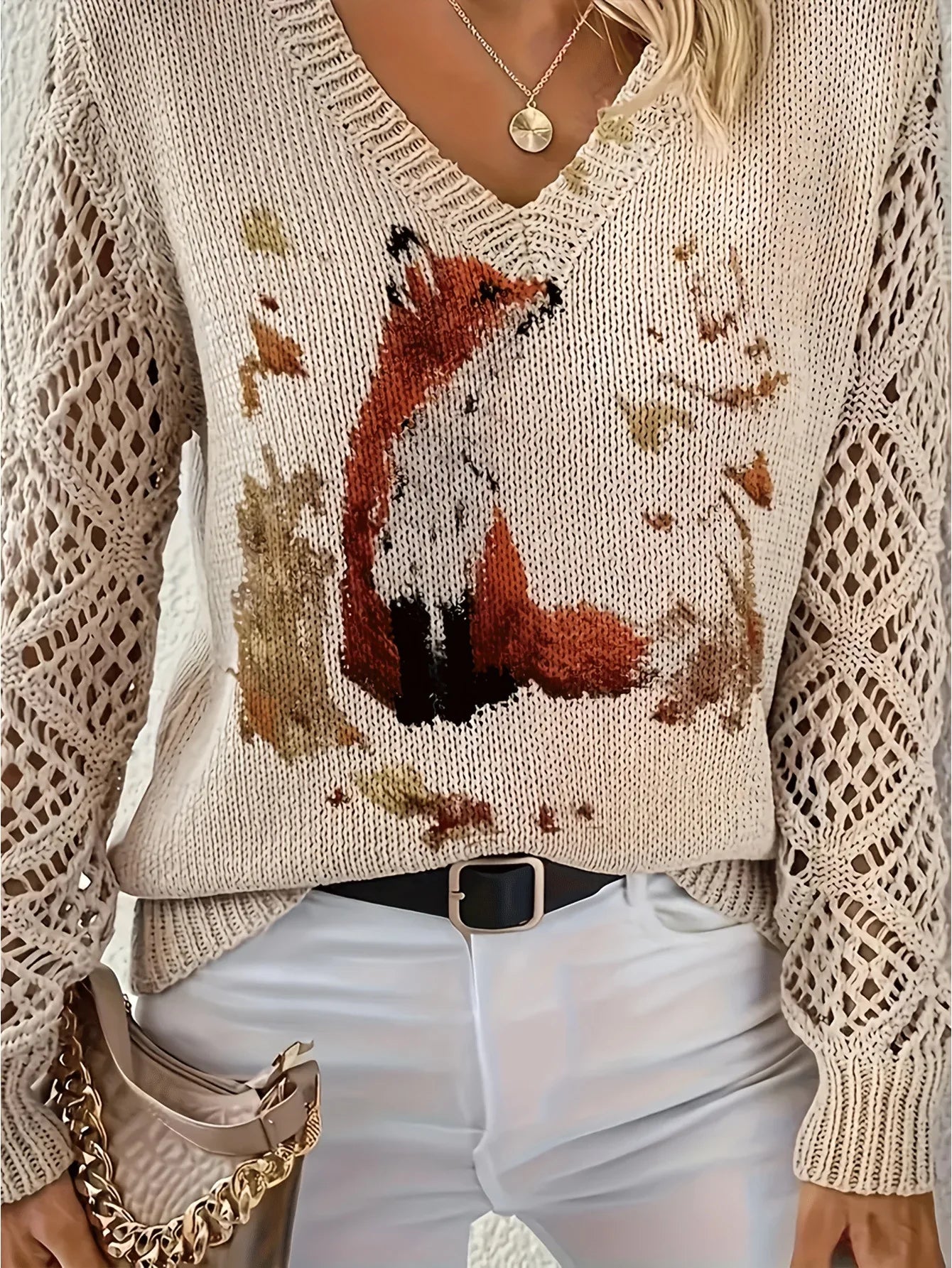 Boho Floral Print V Neck Crocheted Long Sleeved Sweater with Hollowed Out Knit Sleeves in 12 Different Designs