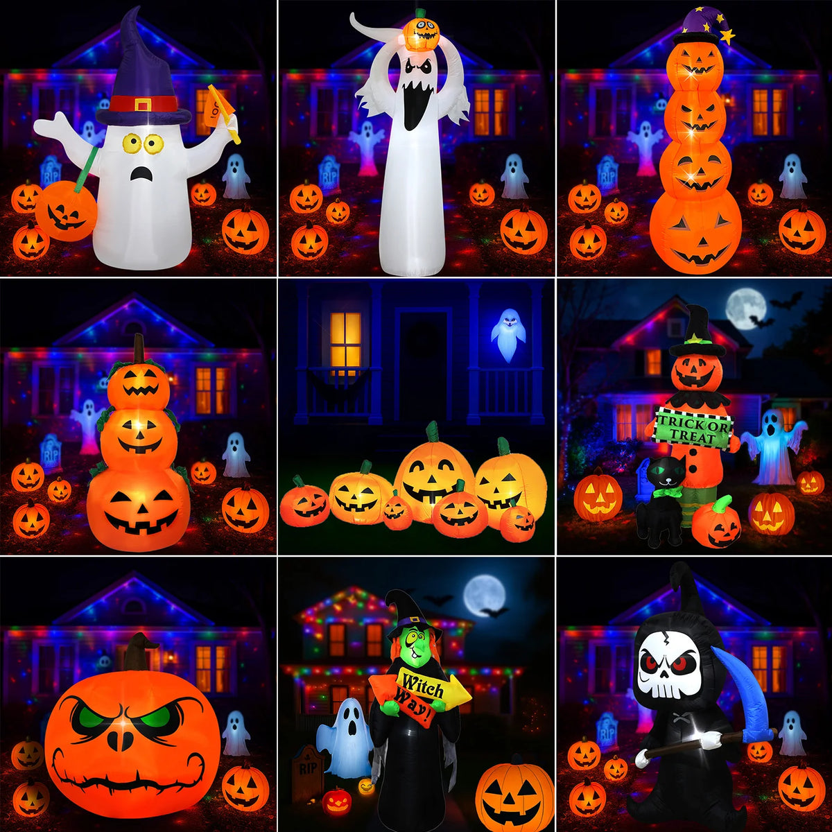 Choose from 9 Different Halloween Inflatables with Built-in LEDs.  Pumplins, Ghosts, and Ghouls