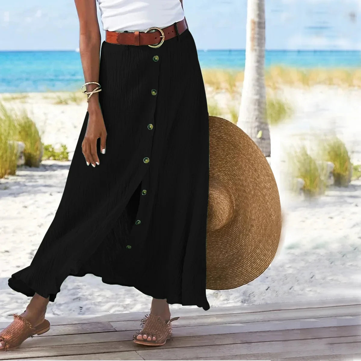 Size to 5XL Button Front Solid Color Split, A-line Mid-waist Long Skirt in White, Green, Navy, Black, and Salmon Colors