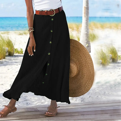 Size to 5XL Button Front Solid Color Split, A-line Mid-waist Long Skirt in White, Green, Navy, Black, and Salmon Colors