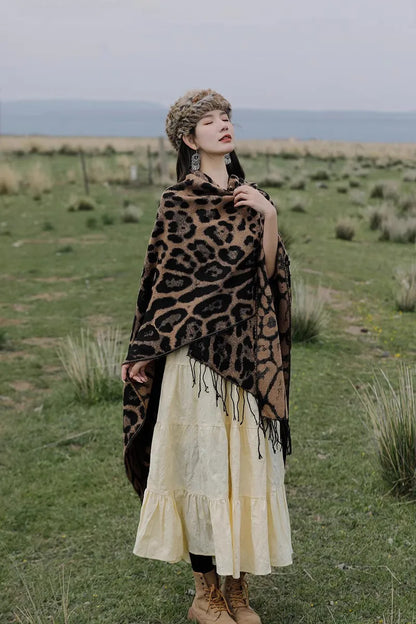 Vintage Boho Leopard Print Soft Over-the-Head Cloaks With Tassels