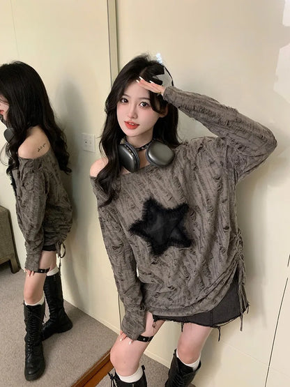 Thin T-Shirt with Oversized Neck, Drawstring Bottom, Long Sleeve, Long length, Baggy