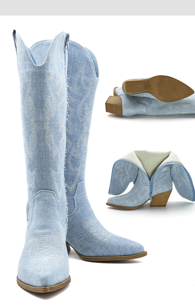 Embroidered Western Cowgirl Boots, Pointed Toe, Thick Heel,  Knee High Boots
