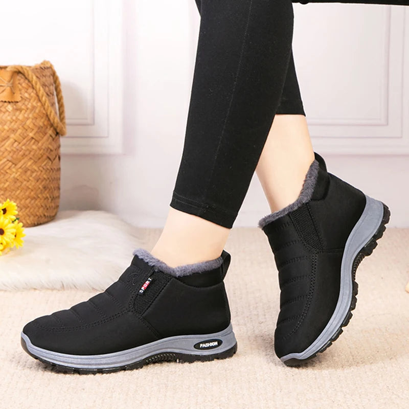 Waterproof Plush, Warm Ankle Snow Boots in Red, Black, Blue, Green, and Tan.