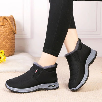 Waterproof Plush, Warm Ankle Snow Boots in Red, Black, Blue, Green, and Tan.