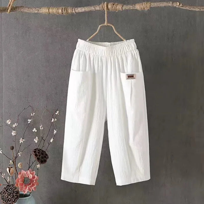Cotton Linen Cropped 3/4 Length Pants, Loose, Linen with Elastic Waist and Pockets