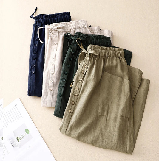 Retro Cotton Linen Elastic and Drawstring Waist Skirt, with Pockets