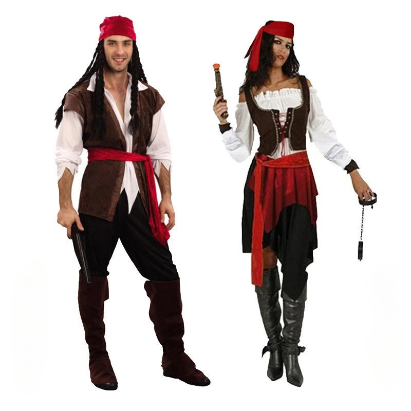 Women and Adult Men Cosplay Halloween Pirate Costumes. Included In Women's: Headwear, Sash, Skirt, and Vest.  Included in Men's: Shirt, Vest, Pants, Headwear, Boot Sleeves