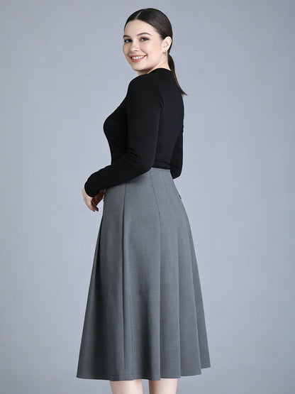 Plus Size to 5XL High Waist, Button, Pleated A-Line Bottoms Stretchy Midi Skirt