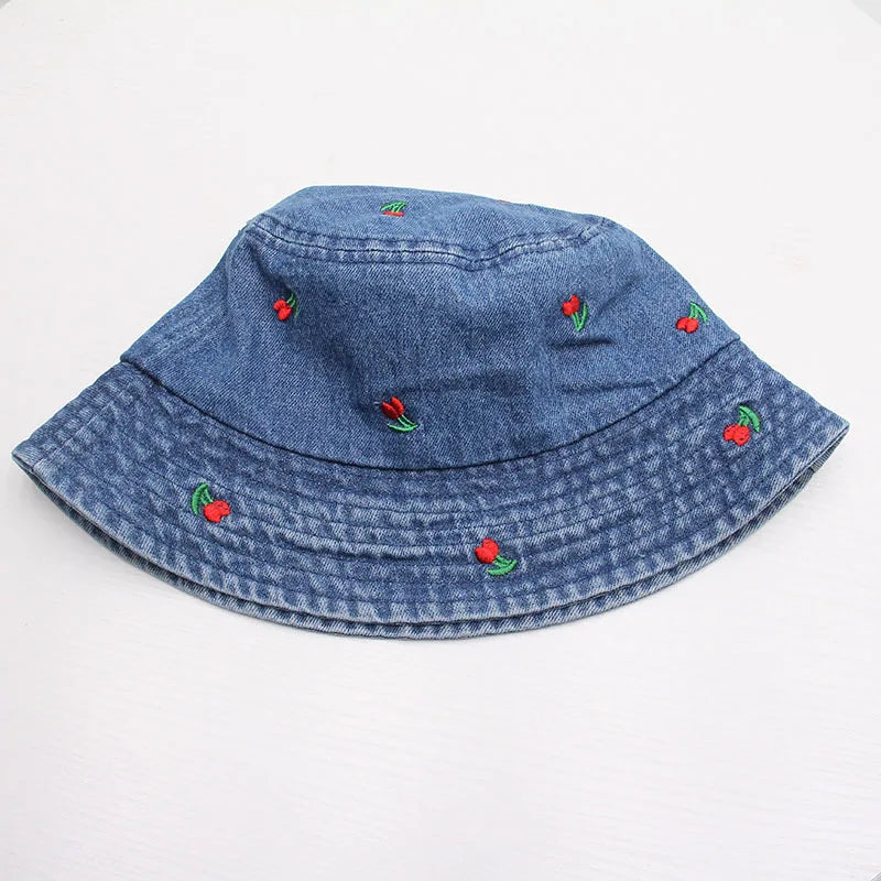 Washed Denim Embroidered Watermelon, Bows, and Cherries to choose from in various colors!