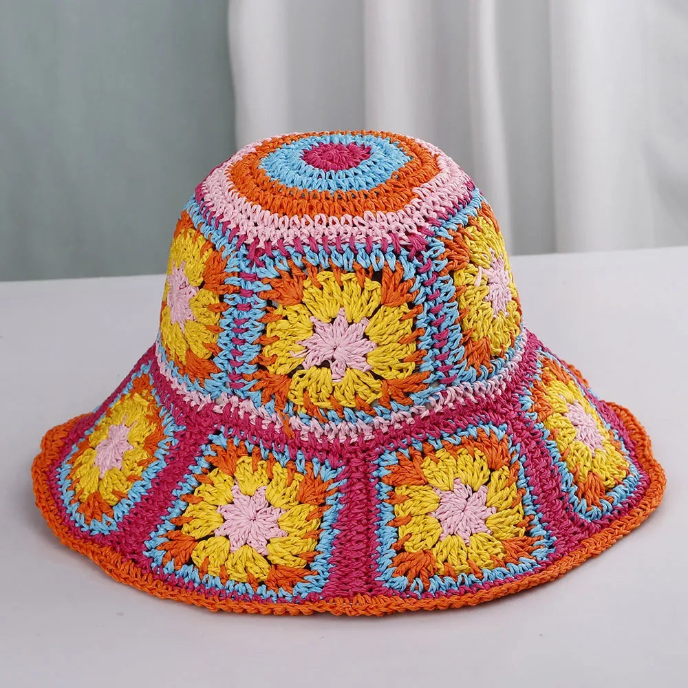 Bright Colored Floweed Crocheted Fisherman Hat