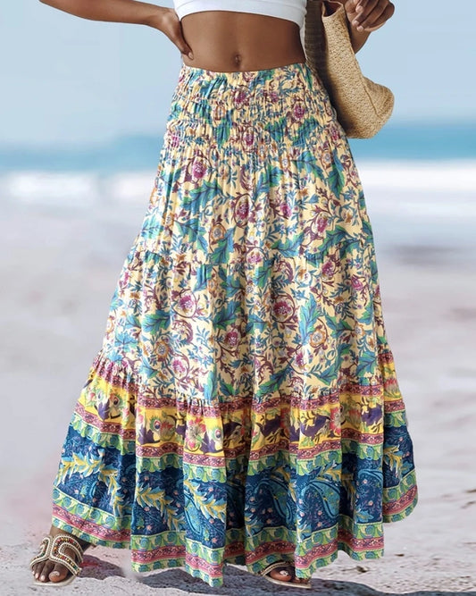 Boho Floral Print Tiered Maxi Skirt High Waist Smocked Long Skirt
