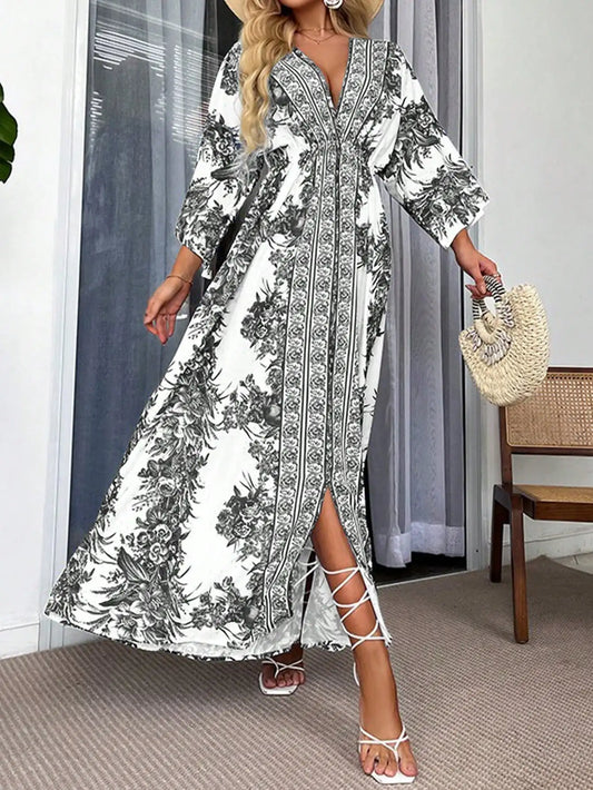 Bohemian Floral Print Maxi Dress, V Neck, 3/4 Sleeve, High Waist, Split Front Long Dress