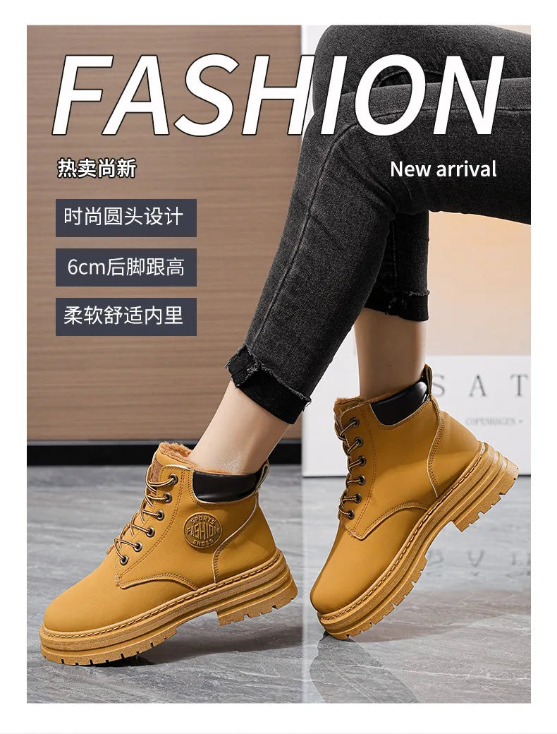 High Top Work Boots, Thick Soled, Lace-Up, Anti-Slip Warm Waterproof Women's Boots in Black and Marigold