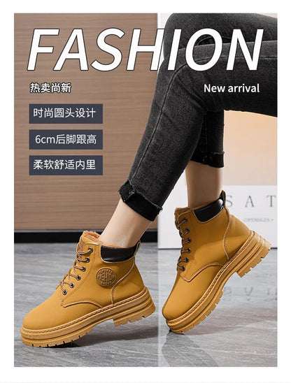 High Top Work Boots, Thick Soled, Lace-Up, Anti-Slip Warm Waterproof Women's Boots in Black and Marigold
