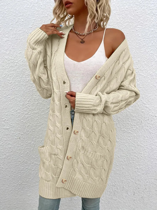 Solid Color Twisted Knit Long Cardigan with Single Buttons and Pockets. Green, Yellow, Turquoise, and White