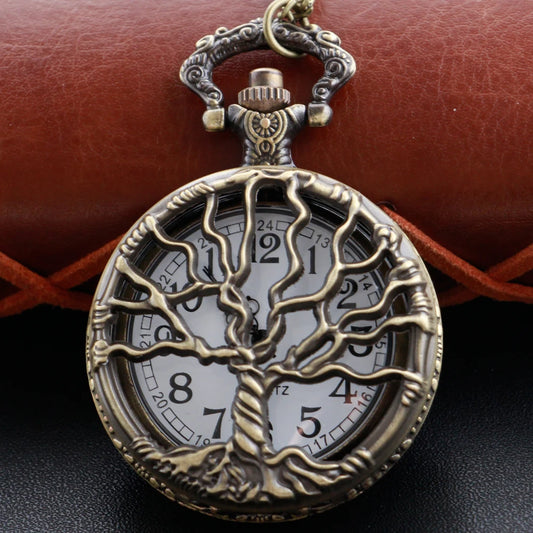 Vintage Hollow Tree Pocket Watch Unique Style With Necklace Chain Clock Retro