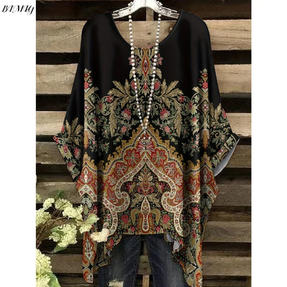 30 Different Style Bohemian Floral Tunics Plus Size to 3XL, 30 Vibrant Colors, Open Round Neck, Hankie Hem, Loose baggy sleeves