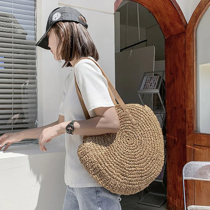 Round Straw Shoulder Bag Large Capacity Hollowed Out Weave